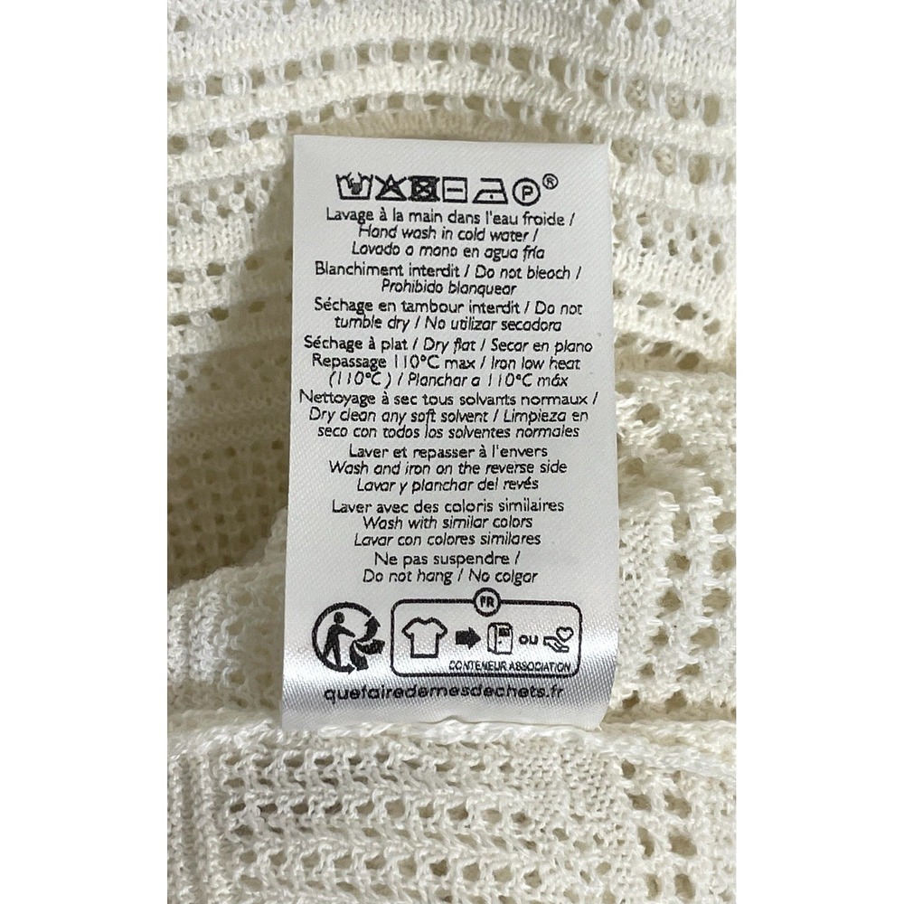 SEZANE Ecru Pointelle Openwork Ruffle Neck Merino Wool Cotton Sweater M - Picture 9 of 11